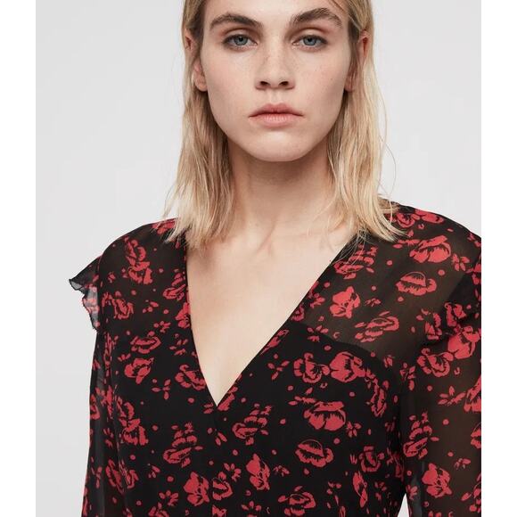 AllSaints Harlow Eira Red Floral Ruched V-Neck Long Sleeve Sheer Mini Dress XS - Picture 5 of 11